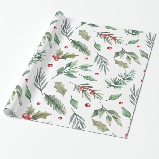 Watercolor Holly Berry Greenery Geschenkpapier (Ungerollt)