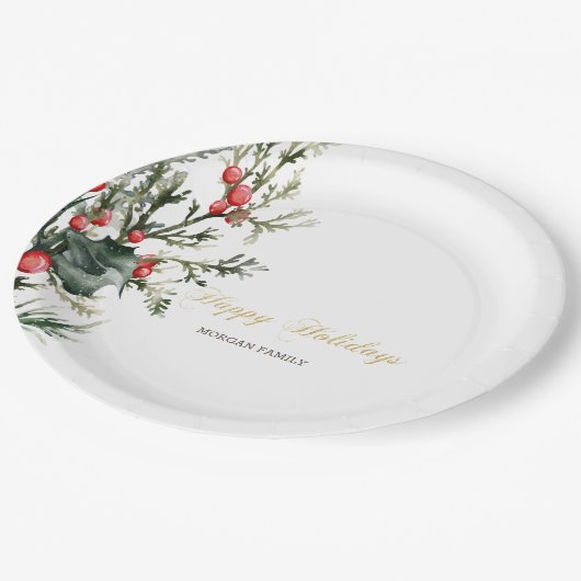Watercolor Holly Berry Greenery Pappteller (Schrägansicht)