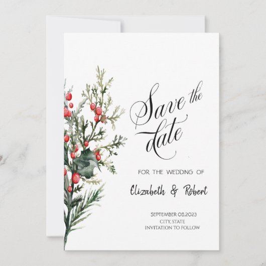 Watercolor Holly Berry Greenery Save the Date (Vorderseite)