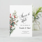 Watercolor Holly Berry Greenery Save the Date (Stehend Vorderseite)
