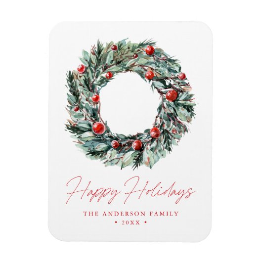 Watercolor Holly Berry & Greenery Wreath Magnet (Vertikal)