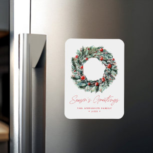 Watercolor Holly Berry & Greenery Wreath Magnet