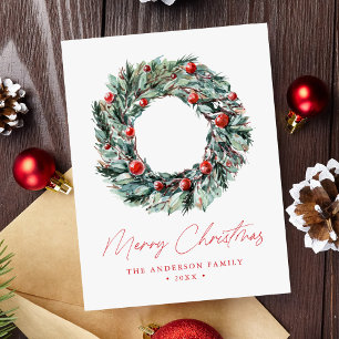 Watercolor Holly Berry & Greenery Wreath Non-Foto Feiertagspostkarte