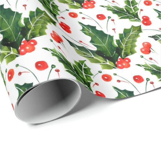 Watercolor Holly Berry Mistletoe Weihnachtsfeierta Geschenkpapier (Rolleneckpunkt)