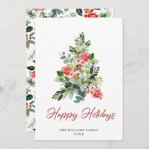 Watercolor Holly Berry Weihnachtsbaum Gruß Feiertagskarte