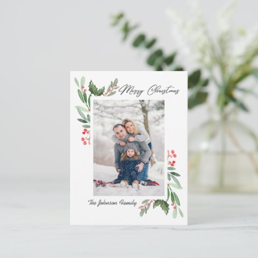 Watercolor Holly Berry Weihnachtsgrüßen FOTO Gruß Postkarte (Stehend Vorderseite)
