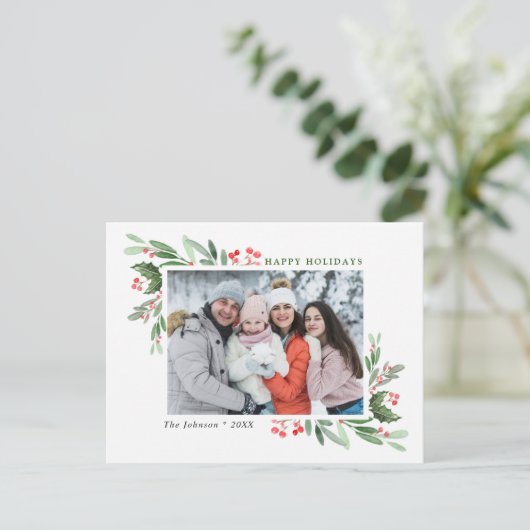 Watercolor Holly Berry Weihnachtsgrüßen FOTO Gruß Postkarte (Stehend Vorderseite)