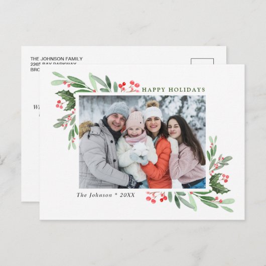 Watercolor Holly Berry Weihnachtsgrüßen FOTO Gruß Postkarte (Vorne/Hinten)