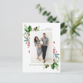 Watercolor Holly Berry Weihnachtsgrüßen FOTO Gruß Postkarte (Stehend Vorderseite)