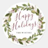 Watercolor Holly Berry Wreath Happy Holidays Runder Aufkleber (Vorderseite)