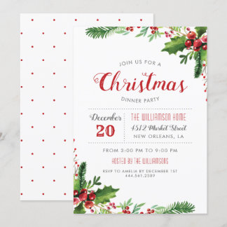 Watercolor Holly Branly Branly Weihnachts-Dinner P Einladung