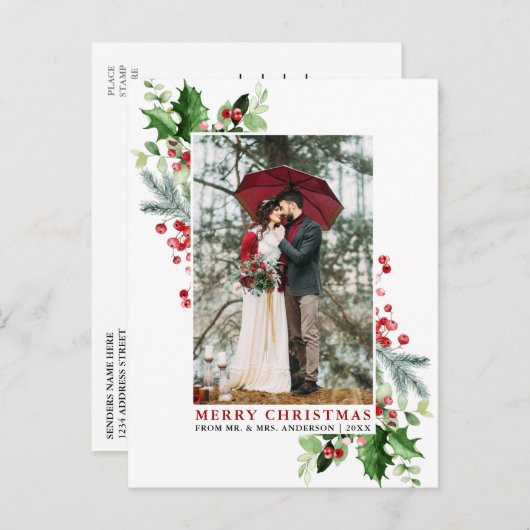 Watercolor Holly Christmas Greenerity Wedding Red Postkarte (Vorne/Hinten)