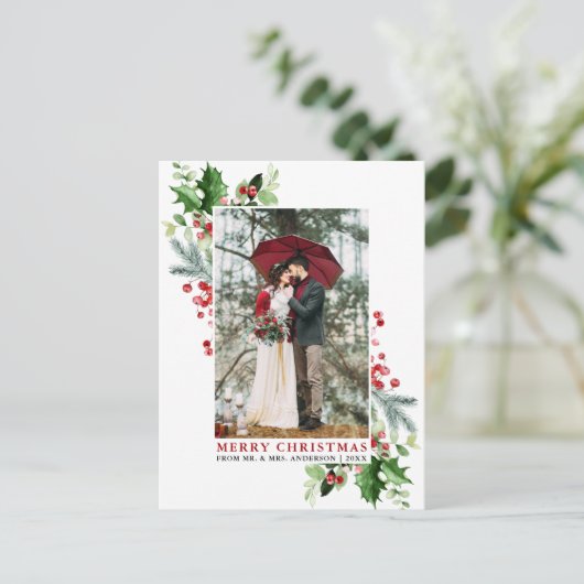 Watercolor Holly Christmas Greenerity Wedding Red Postkarte (Stehend Vorderseite)