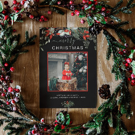 Watercolor Holly Frohe Weihnachts-Foto Black Feiertagskarte