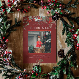 Watercolor Holly Frohe Weihnachts-Foto Burgundy Feiertagskarte