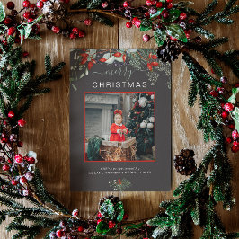 Watercolor Holly Frohe Weihnachts-Foto Dunkelgrau Feiertagskarte