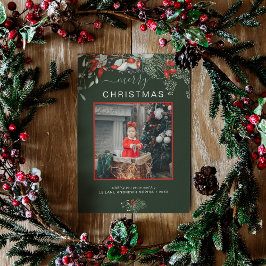 Watercolor Holly Frohe Weihnachts-Foto Grün Feiertagskarte