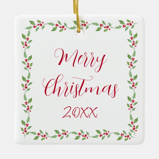 Watercolor Holly Garland Keramikornament (Vorderseite)