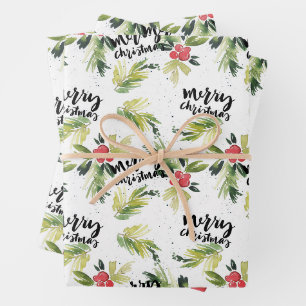 Watercolor Holly Greenery Muster Merry Christmas Geschenkpapier Set