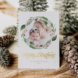 Watercolor Holly Greenery Wreath Photo Christmas Folien Feiertagskarte