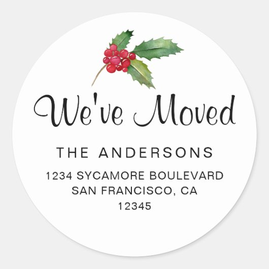 Watercolor Holly Holiday We’ve Moved Runder Aufkleber (Vorderseite)