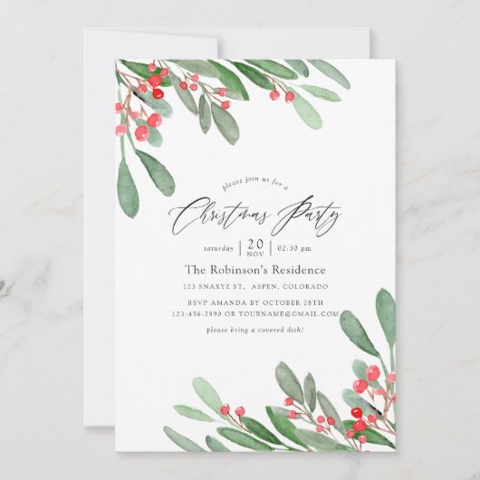 Watercolor Holly Jolly Christmas Party Einladung (Vorderseite)