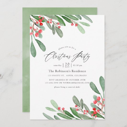 Watercolor Holly Jolly Christmas Party Einladung (Vorne/Hinten)