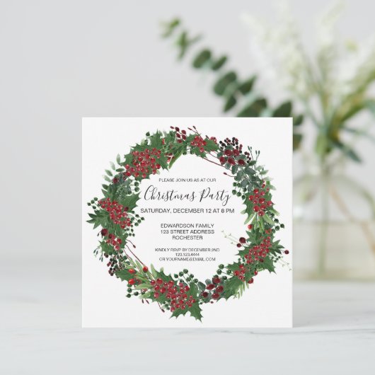 Watercolor Holly-Kranz Weihnachtsfeierliche Party Einladung (Stehend Vorderseite)