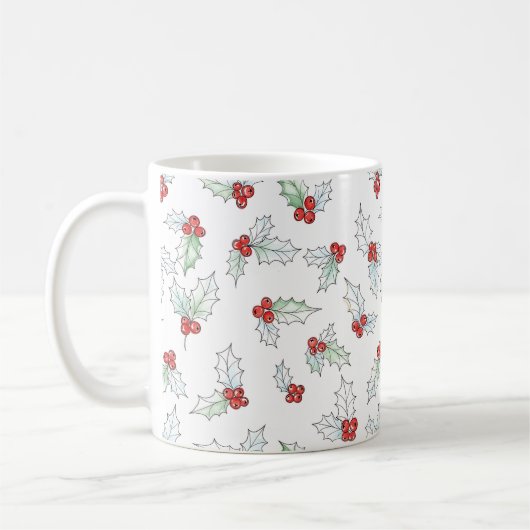 Watercolor Holly Leaves and Red Berries Christmas Kaffeetasse (Links)