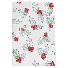 Watercolor Holly Leaves and Red Berries Christmas Mittlere Geschenktüte