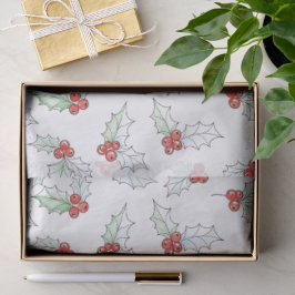 Watercolor Holly Leaves and Red Berries Christmas Seidenpapier
