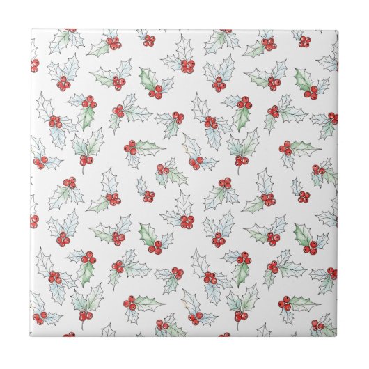 Watercolor Holly Leaves and Red Berries  Fliese (Vorderseite)