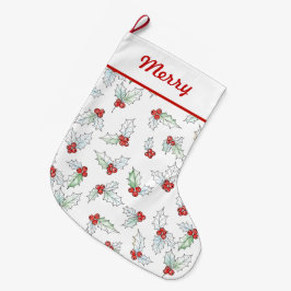 Watercolor Holly Leaves and Red Berries Großer Weihnachtsstrumpf