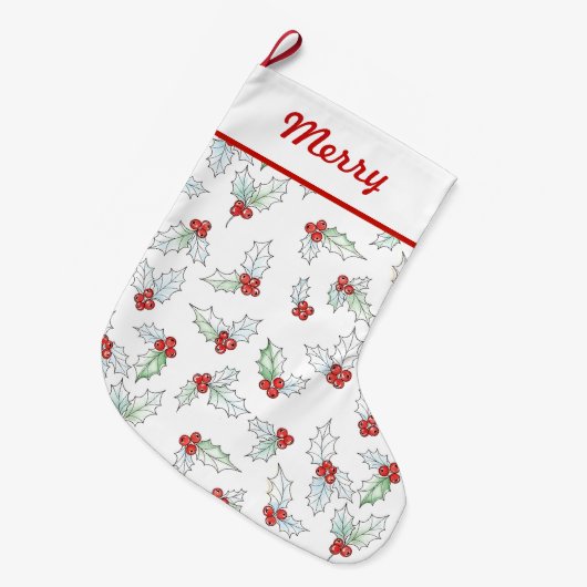 Watercolor Holly Leaves and Red Berries Großer Weihnachtsstrumpf (Vorderansicht (hängend))