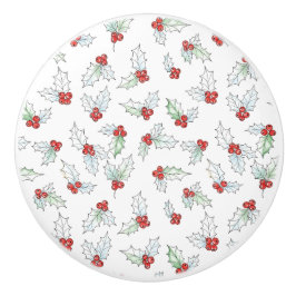 Watercolor Holly Leaves and Red Berries Keramikknauf