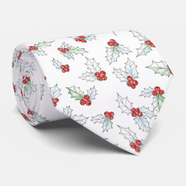 Watercolor Holly Leaves and Red Berries Krawatte