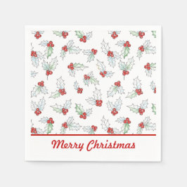 Watercolor Holly Leaves and Red Berries Paper  Serviette