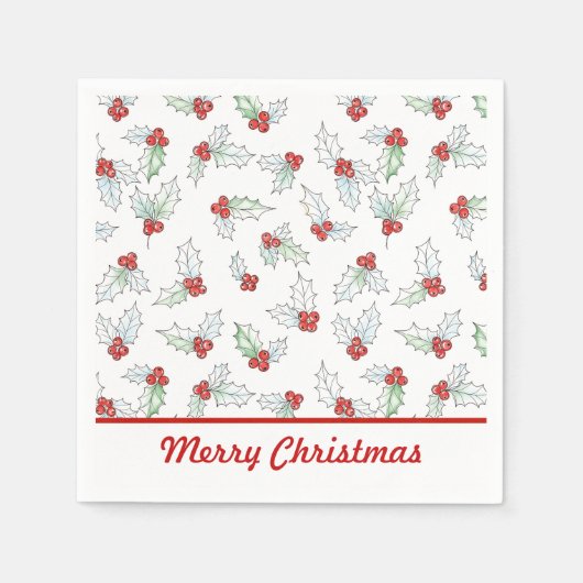 Watercolor Holly Leaves and Red Berries Paper  Serviette (Vorderseite)