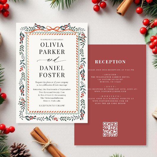 Watercolor Holly Red Bow QR Code Christmas Wedding Einladung