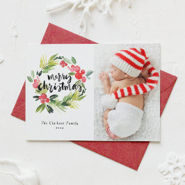 Watercolor Holly Wreath Frohe Weihnachts-Foto Feiertagskarte