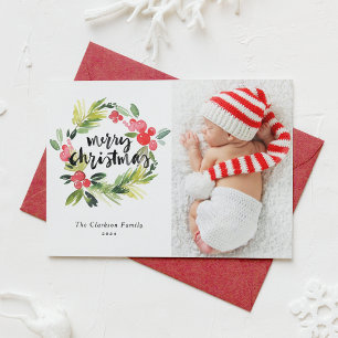 Watercolor Holly Wreath Frohe Weihnachts-Foto Feiertagskarte