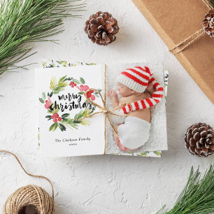 Watercolor Holly Wreath Frohe Weihnachts-Foto Feiertagskarte