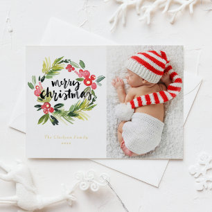 Watercolor Holly Wreath Frohe Weihnachts-Foto Folien Feiertagspostkarte