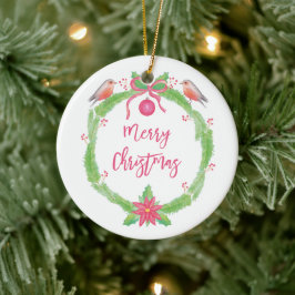 Watercolor Holly Wreath "Merry Christmas" Keramik Ornament