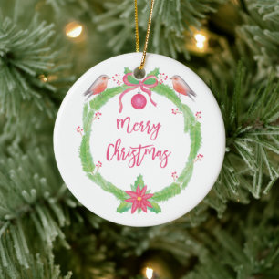Watercolor Holly Wreath "Merry Christmas" Keramik Ornament