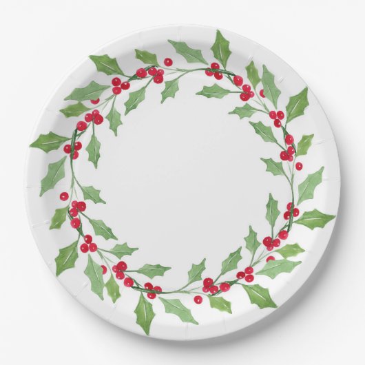 Watercolor Holly Wreath Pappteller (Vorderseite)