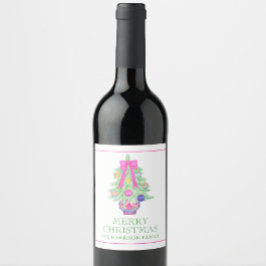 Watercolor Hot Pink Bow Ginger Jar Christmas Gift Weinetikett