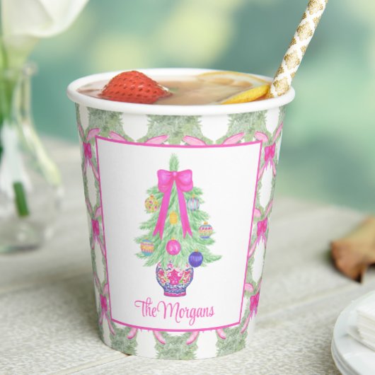 Watercolor Hot Pink Bow Ginger Jar Christmas Tree Pappbecher