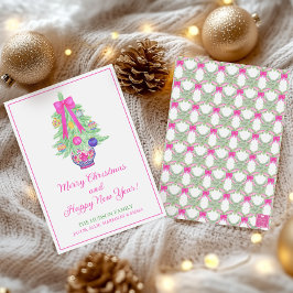 Watercolor Hot Pink Bow Ginger Jar Weihnachtsbaum Feiertagskarte