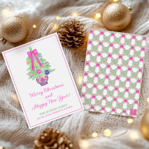 Watercolor Hot Pink Bow Ginger Jar Weihnachtsbaum Feiertagskarte
